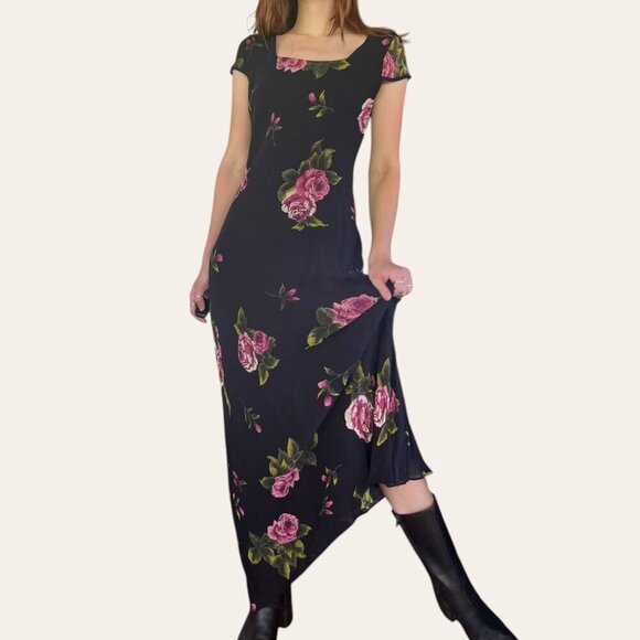 90s vintage floral chiffon square neck cap sleeve maxi dress black and pink XS/S - Picture 2 of 6